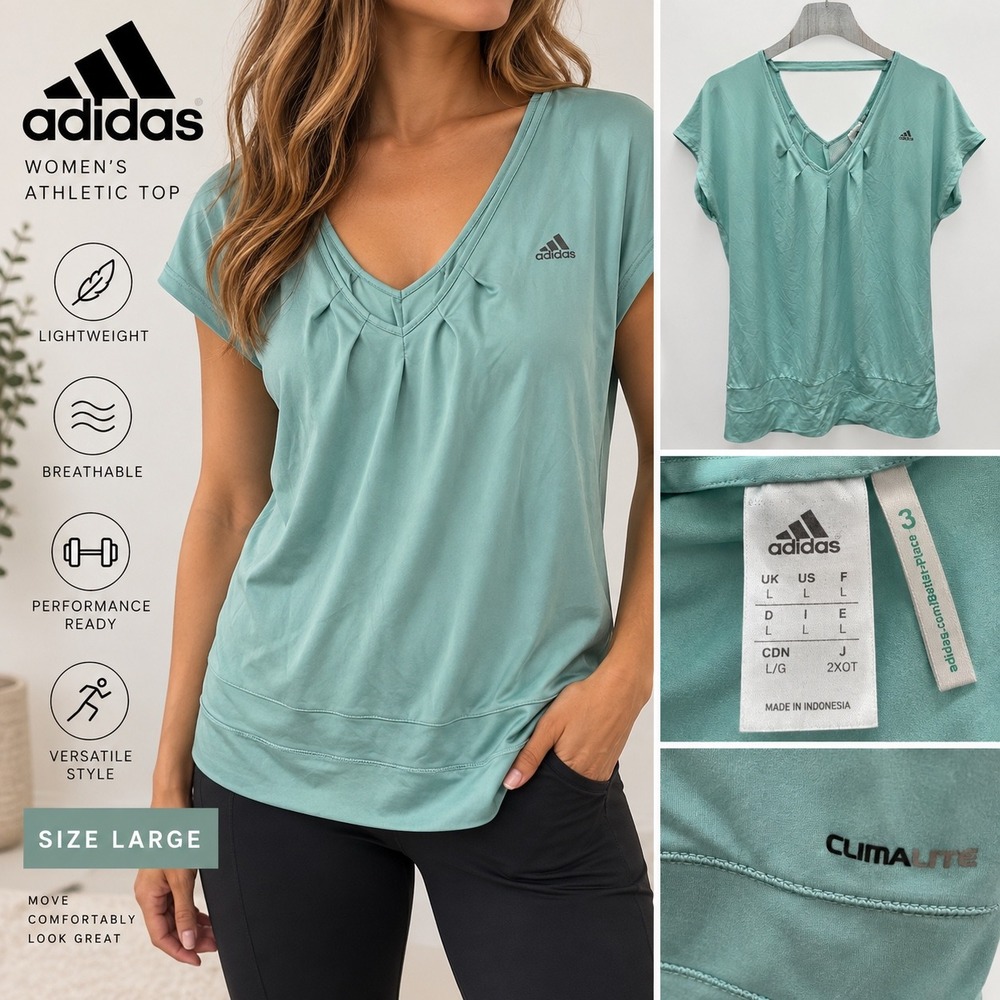 Adidas Womens Climalite V-Neck Athletic Top Mint Green Short Sleeve Large